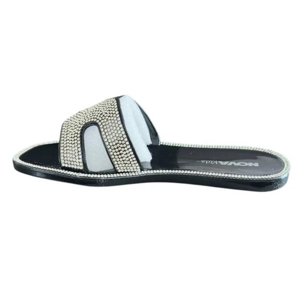Nova Kids Girls Rhinestone‎ Slides Black Sandals Embellished Sparkle